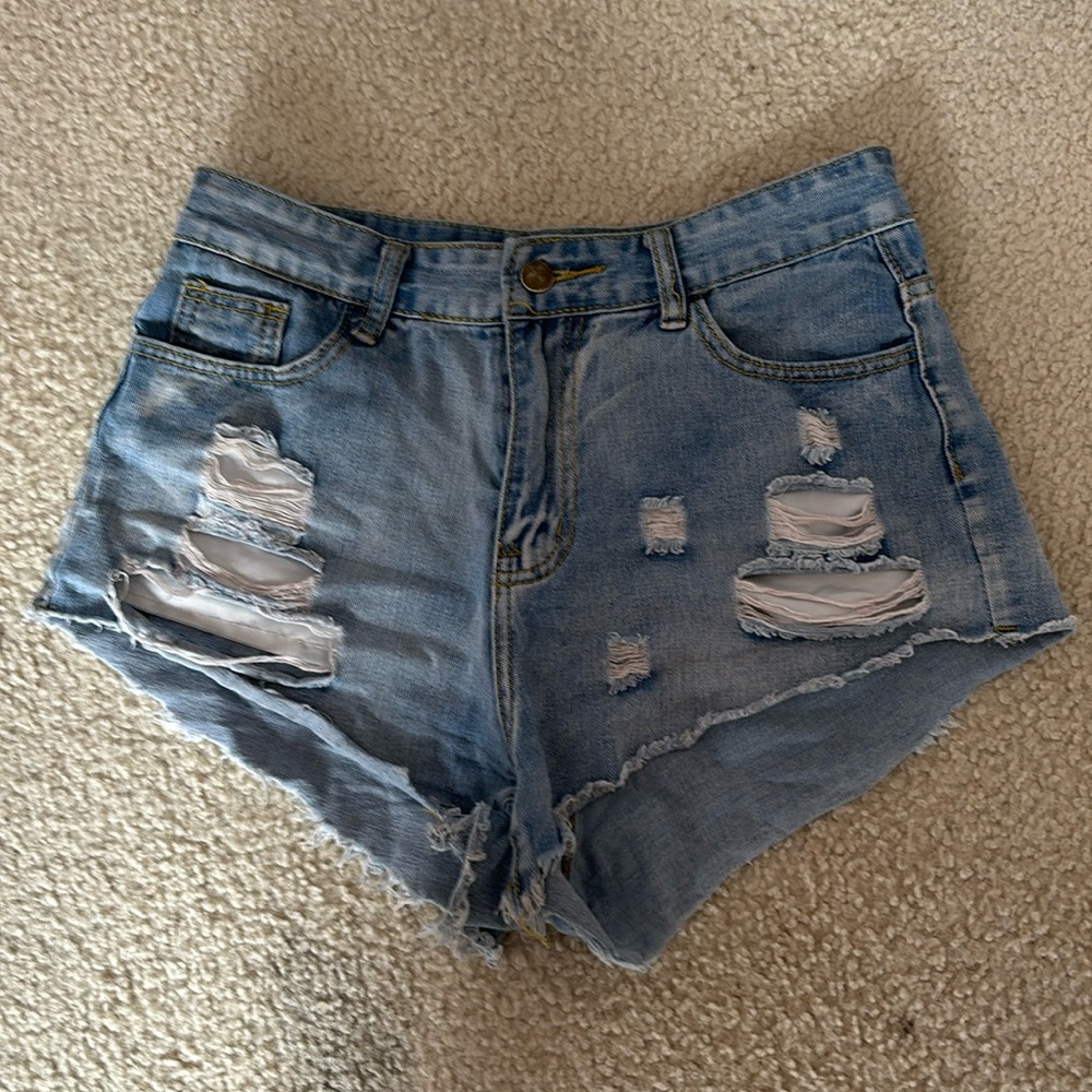 shein light blue ripped jean booty shorts